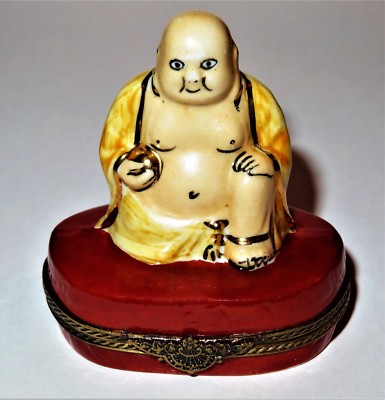 LIMOGES FRANCE BOX - BUDDHA & GOLDEN BALL -LOTUS FLOWER & CHINESE CHARACTERS- LE