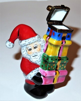LIMOGES FRANCE BOX - CHRISTMAS - RMC - SANTA CLAUS WITH A STACK OF PRESENTS - LE