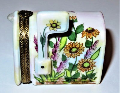 LIMOGES FRANCE BOX -ROCHARD- MAILBOX -SUNFLOWERS & HOLLYHOCKS- LETTER & POSTCARD