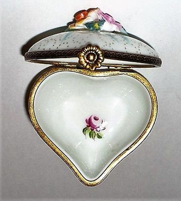LIMOGES FRANCE BOX ~ HEART & BISQUE FLOWERS ~RIBBONS & ROSES~ ANNIVERSARY ~ MIB