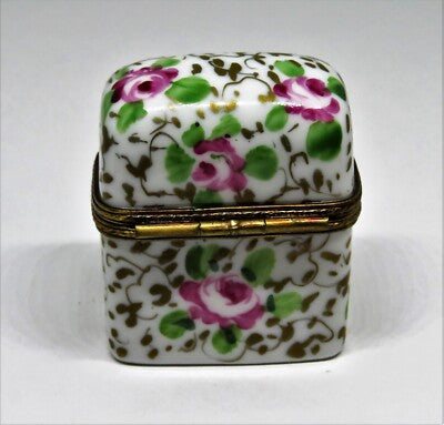 LIMOGES FRANCE BOX - FLORAL PERFUME CHEST & 2 BOTTLES - PINK ROSES & GOLD VINES