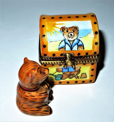 LIMOGES FRANCE BOX - TRUNK & PORCELAIN BEAR - TEDDY BEAR IN THE FOUR SEASONS