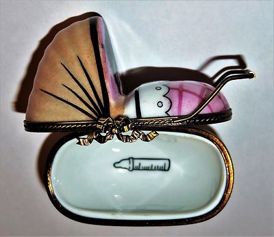 LIMOGES FRANCE BOX- ROCHARD - WICKER BABY CARRIAGE & PINK BLANKET & BOTTLE -GIRL