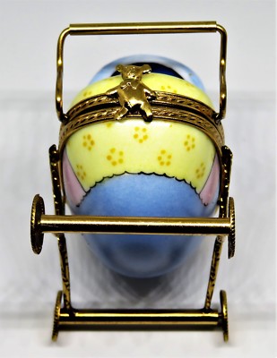 LIMOGES FRANCE BOX - BABY CARRIAGE - BABY & PACIFIER - TEDDY BEAR CLASP - PRAM