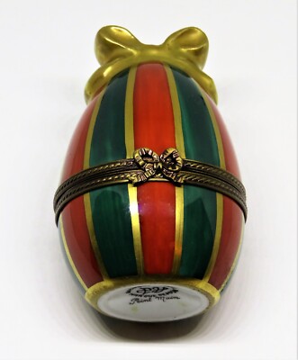 LIMOGES FRANCE BOX- CHRISTMAS -PARRY-VIEILLE- VINTAGE RED & GREEN EGG - GOLD BOW