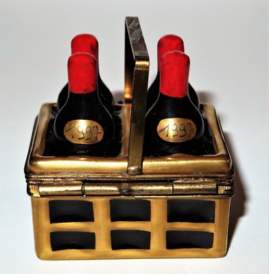 LIMOGES FRANCE BOX ~ PV ~ 1997 WINE BOTTLES IN A BASKET ~ CORKSCREW ~ PEINT MAIN