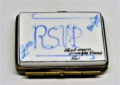 LIMOGES FRANCE BOX - WEDDING  INVITATION - RSVP CARD -TOP HAT & GLOVES- FLOWERS