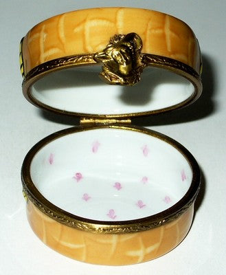 LIMOGES FRANCE BOX ~ROCHARD~ TAN HAT BOX & HAT ~ LADY'S BUST CLASP ~ PEINT MAIN