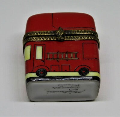LIMOGES FRANCE BOX - RED FIRE ENGINE - FIRE TRUCK - LADDERS & HOSES - FIREMEN