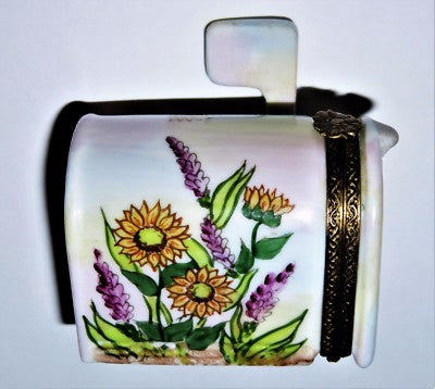 LIMOGES FRANCE BOX -ROCHARD- MAILBOX -SUNFLOWERS & HOLLYHOCKS- LETTER & POSTCARD