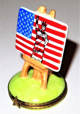 LIMOGES FRANCE BOX - U. S. FLAG & STATUE OF LIBERTY PAINTING &EASEL - JULY 4TH