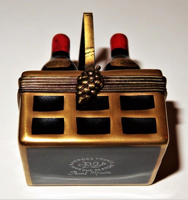 LIMOGES FRANCE BOX ~ PV ~ 1997 WINE BOTTLES IN A BASKET ~ CORKSCREW ~ PEINT MAIN