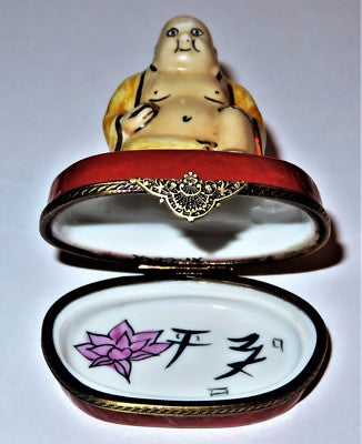 LIMOGES FRANCE BOX - BUDDHA & GOLDEN BALL -LOTUS FLOWER & CHINESE CHARACTERS- LE