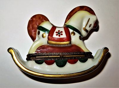 LIMOGES FRANCE BOX -PARRY-VIEILLE- TOY ROCKING HORSE -TOYS- GOLD BELLS & FLOWERS