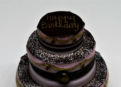 LIMOGES FRANCE BOX - PINK "HAPPY BIRTHDAY" CAKE - CHOCOLATE WTH GOLD SWAGS