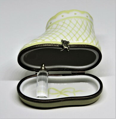 LIMOGES FRANCE BOX ~ YELLOW BABY BOOTEE & REMOVABLE BOTTLE ~ SHOE ~ PEINT MAIN