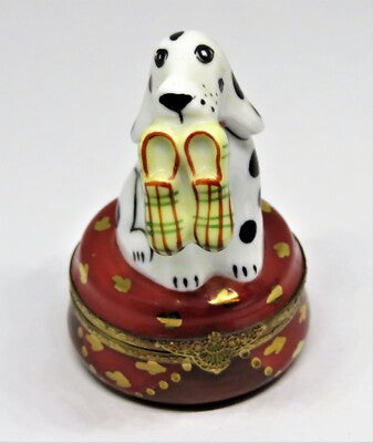 LIMOGES FRANCE BOX - LAGLORIETTE - DALMATIAN DOG & PLAID SLIPPERS - PUPPY