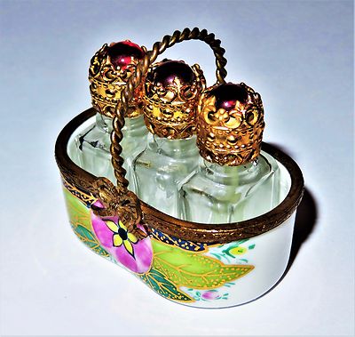 LIMOGES FRANCE BOX - FLORAL BASKET & THREE PERFUME BOTTLES - PINK FLOWERS
