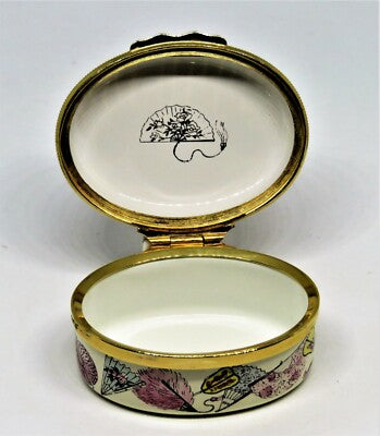 HALCYON DAYS ENGLISH ENAMEL BOX - ASIAN FANS - FLOWERS & FEATHERS - TASSELS