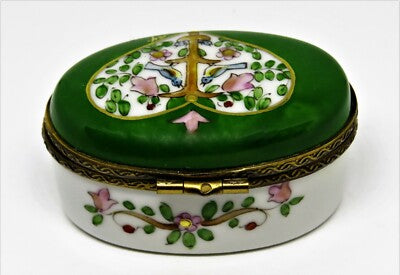 LIMOGES FRANCE BOX - EXIMIOUS -GREEN OVAL FLORAL- HEART & BIRDS & NEST & FLOWERS