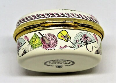 HALCYON DAYS ENGLISH ENAMEL BOX - ASIAN FANS - FLOWERS & FEATHERS - TASSELS