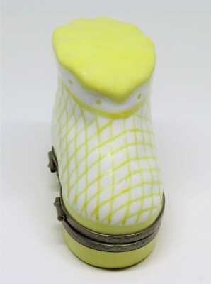 LIMOGES FRANCE BOX ~ YELLOW BABY BOOTEE & REMOVABLE BOTTLE ~ SHOE ~ PEINT MAIN