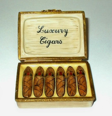 LIMOGES ~ 'WOODEN' CIGAR BOX & LUXURY CIGARS INSIDE ~ TOBACCO ~ PEINT MAIN