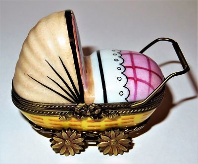 LIMOGES FRANCE BOX- ROCHARD - WICKER BABY CARRIAGE & PINK BLANKET & BOTTLE -GIRL