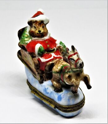 LIMOGES BOX~ CHRISTMAS ~ SANTA CLAUS TEDDY BEAR ~ SLEIGH & REINDEER ~ PEINT MAIN