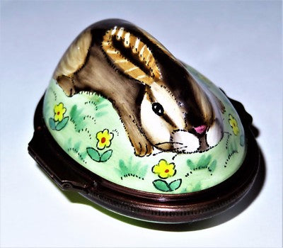 HALCYON DAYS ENAMEL BOX - BUNNY BONBONNIERE - BROWN RABBIT & YELLOW FLOWERS