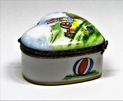 LIMOGES FRANCE BOX ~ HEART & GIRL & TOYS ON GRASS ~ DOLL & BALL ~ PEINT MAIN