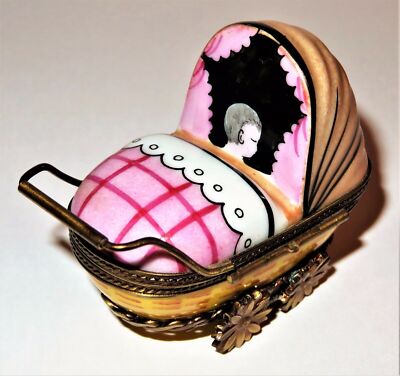 LIMOGES FRANCE BOX- ROCHARD - WICKER BABY CARRIAGE & PINK BLANKET & BOTTLE -GIRL