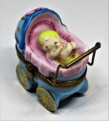 LIMOGES BOX~ BABY & BOTTLE IN PINK & BLUE CARRIAGE ~PRAM~ TEDDY BEAR ~PEINT MAIN