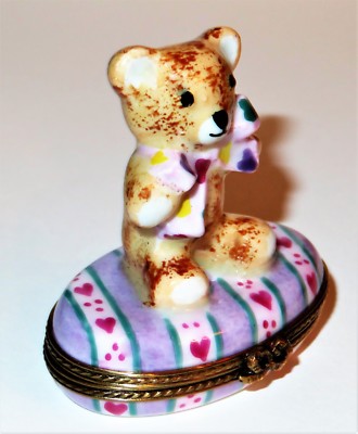 LIMOGES FRANCE BOX- CHAMART - "FIRST TOOTH" TEDDY BEAR -BOW & HEARTS- BABY TEETH