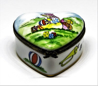 LIMOGES FRANCE BOX ~ HEART & GIRL & TOYS ON GRASS ~ DOLL & BALL ~ PEINT MAIN