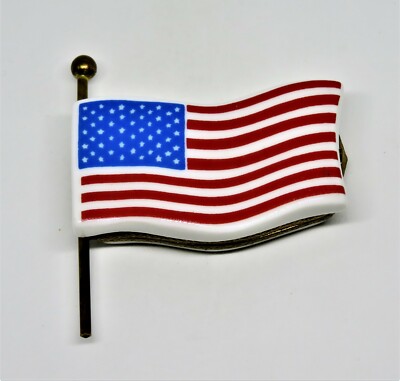 LIMOGES BOX- U. S. FLAG & POLE - STARS & STRIPES - "GOD BLESS AMERICA" -JULY 4TH