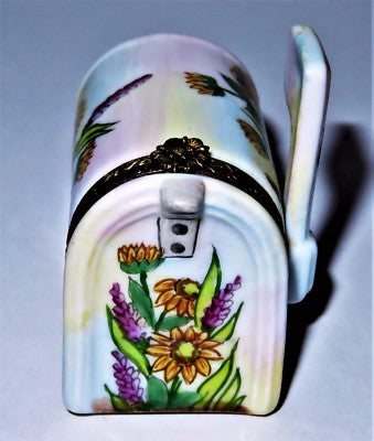 LIMOGES FRANCE BOX -ROCHARD- MAILBOX -SUNFLOWERS & HOLLYHOCKS- LETTER & POSTCARD