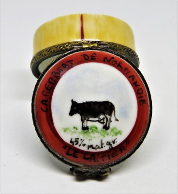 LIMOGES BOX - 'WOODEN' CONTAINER OF CAMEMBERT FROM NORMANDY - COW - WHEEL INSIDE