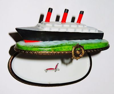 LIMOGES FRANCE BOX -CHAMART- CRUISE SHIP -OCEAN LINER- SHIP'S WHEEL & DECK CHAIR