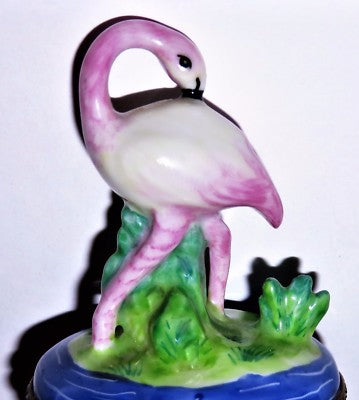 LIMOGES FRANCE BOX - PV - PINK FLAMINGO - GRASS & WATER & 3 DIMENSIONAL REEDS