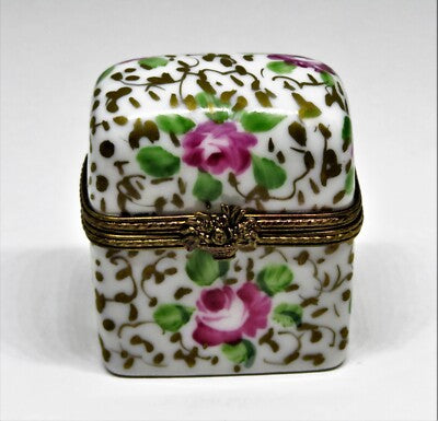 LIMOGES FRANCE BOX - FLORAL PERFUME CHEST & 2 BOTTLES - PINK ROSES & GOLD VINES