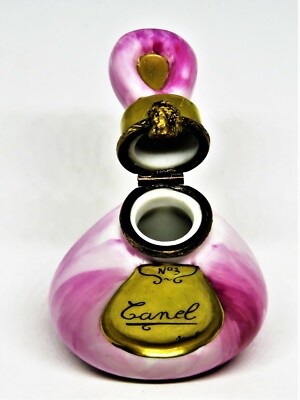 LIMOGES FRANCE BOX - ELDA - PINK & GOLD PERFUME BOTTLE - LADY'S HEAD CLASP