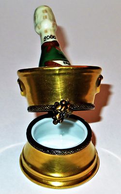 LIMOGES BOX - ELDA - BOTTLE OF BRUT CHAMPAGNE 2000 CHILLING IN A BUCKET - GRAPES