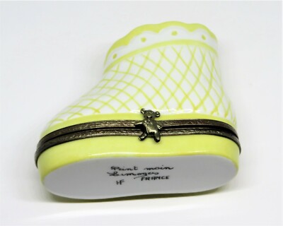 LIMOGES FRANCE BOX ~ YELLOW BABY BOOTEE & REMOVABLE BOTTLE ~ SHOE ~ PEINT MAIN