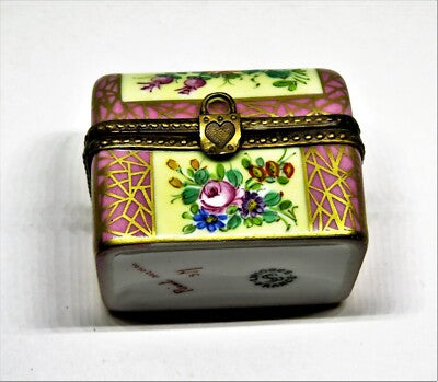 LIMOGES FRANCE BOX - VINTAGE PINK FLORAL CHEST - FLOWERS - ROSES - PADLOCK CLASP