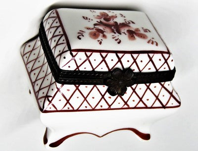LIMOGES FRANCE BOX- PARRY-VIEILLE -VINTAGE BROWN FLORAL CHEST- LATTICE & SCROLLS