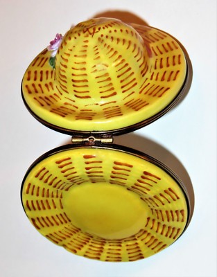 LIMOGES FRANCE BOX ~ROCHARD~ VINTAGE STRAW SUMMER HAT & BISQUE ROSES ~ GARDENING