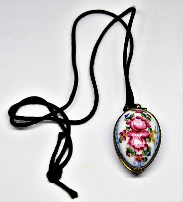 LIMOGES FRANCE BOX ~PENDANT & CORD~ ROCHARD ~ FLORAL EGG ~FLOWERS~ HAND PAINTED