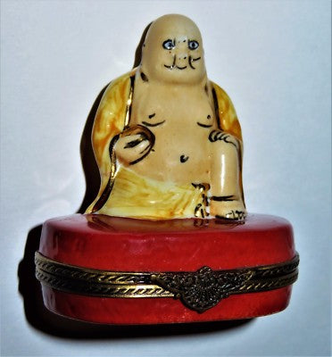 LIMOGES FRANCE BOX - BUDDHA & GOLDEN BALL -LOTUS FLOWER & CHINESE CHARACTERS- LE