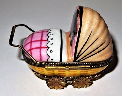 LIMOGES FRANCE BOX- ROCHARD - WICKER BABY CARRIAGE & PINK BLANKET & BOTTLE -GIRL